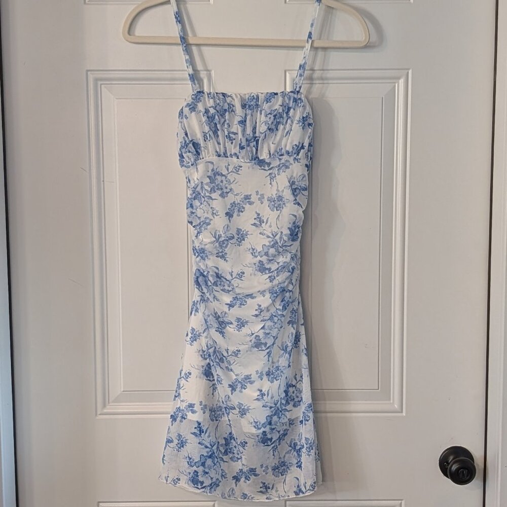 Romantic French Cottage Floral Mesh Overlay Cami Ruching Mini Dress XS